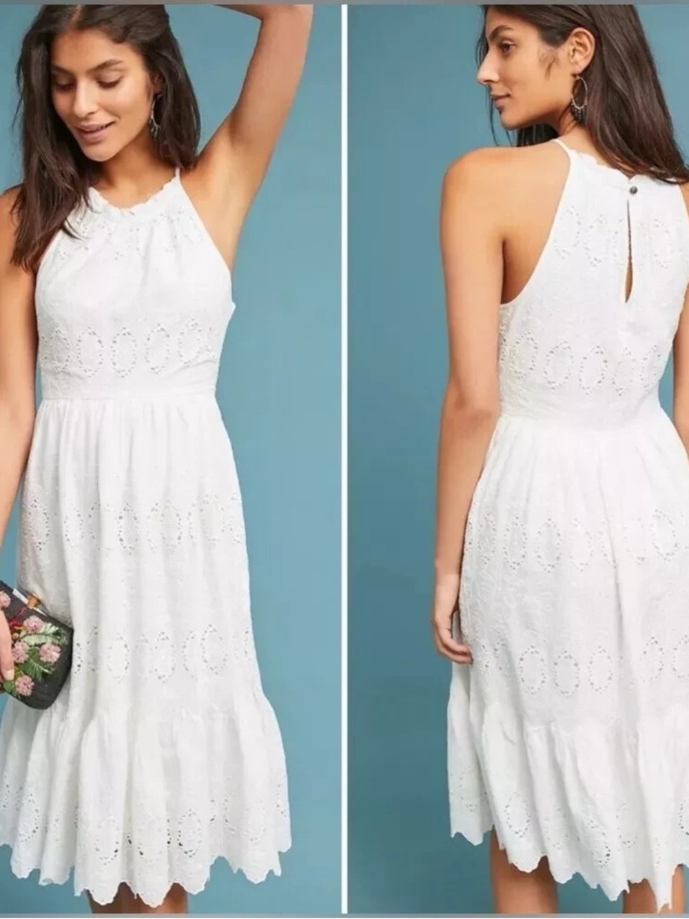 Maeve by Anthropologie White Eyelet Halter Midi Dress